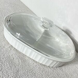 Vintage Corningware French White Oval Divided Casserole Dish With PYREX Lid